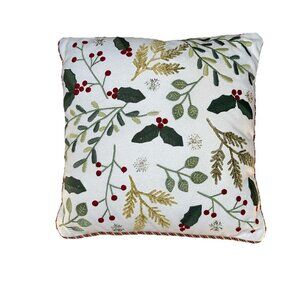 Vintage Pier 1 Throw Pillow Christmas Decor Holly Berries Braided Trim 16”​